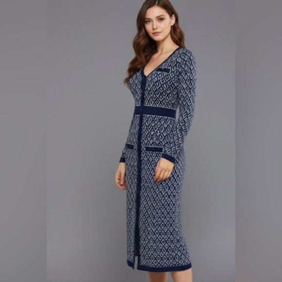 Button Front Pattern Sweater Dress Blue - Picture 3 of 7